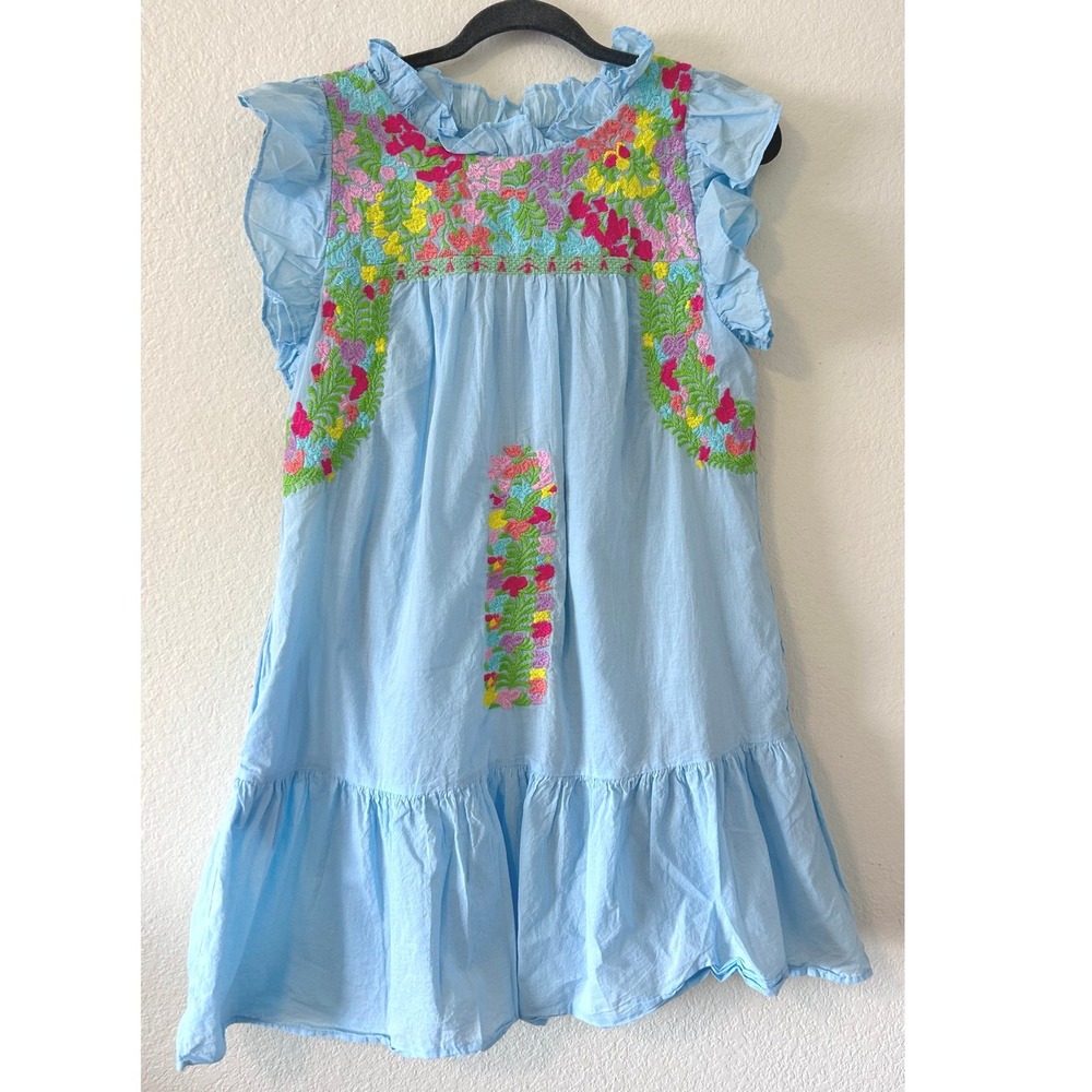 J. Marie Blue Embroidered Floral Flutter Sleeve Ruffle Mini Dress Small Boho